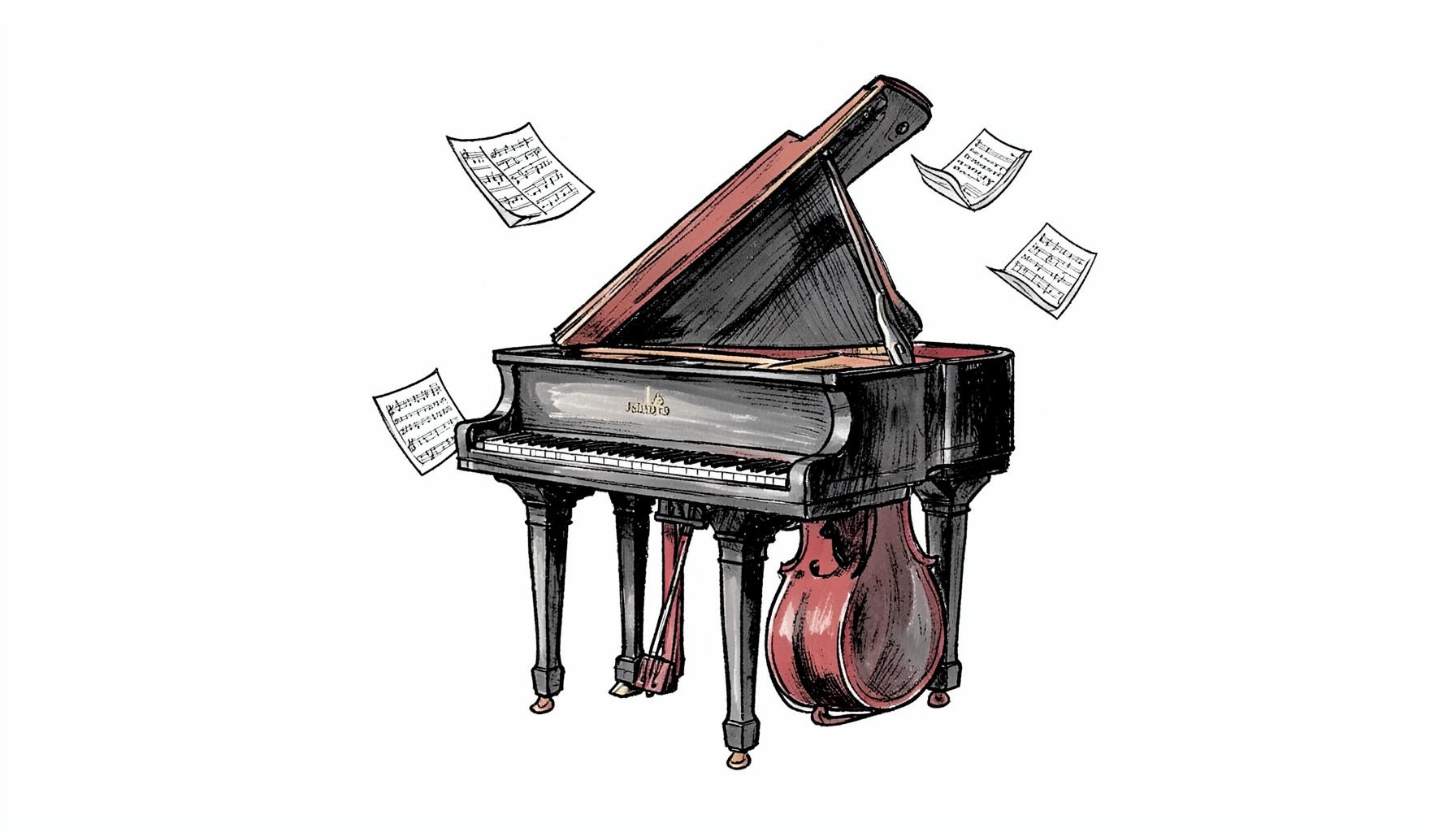 Ilustración a tinta de un piano de cola con partituras flotando, trazos negros sobre fondo claro, atmósfera elegante y serena